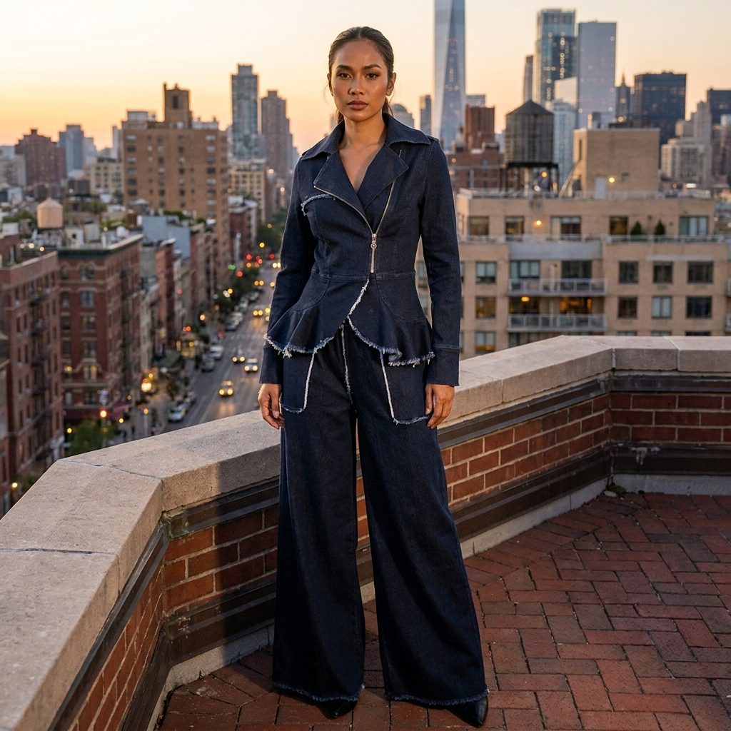 Woman in a dark denim outfit standing on a rooftop with a cityscape background