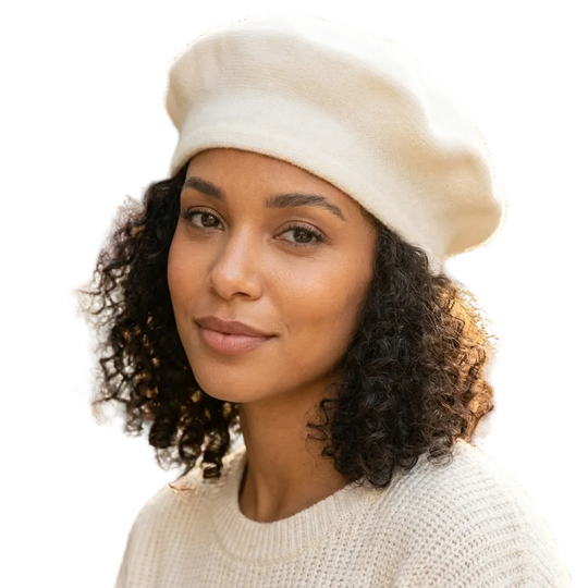 Woman wearing a beige beret and sweater outdoors with blurred background