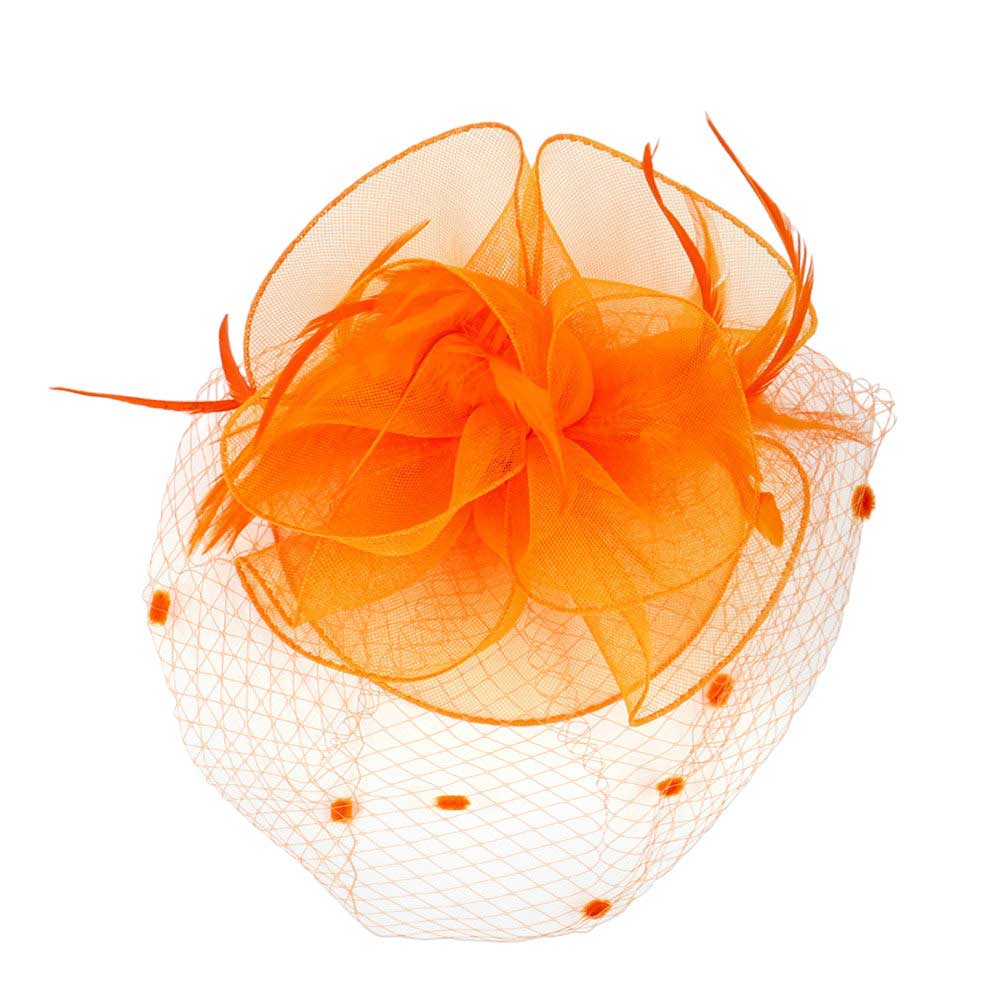 Feather Mesh Flower Fascinator Headband: Orange