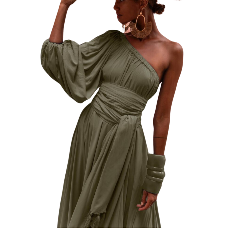Woman in one-shoulder tiered oasis green maxi dress with full sleeve and belt – Erika Peña Inigo Dress