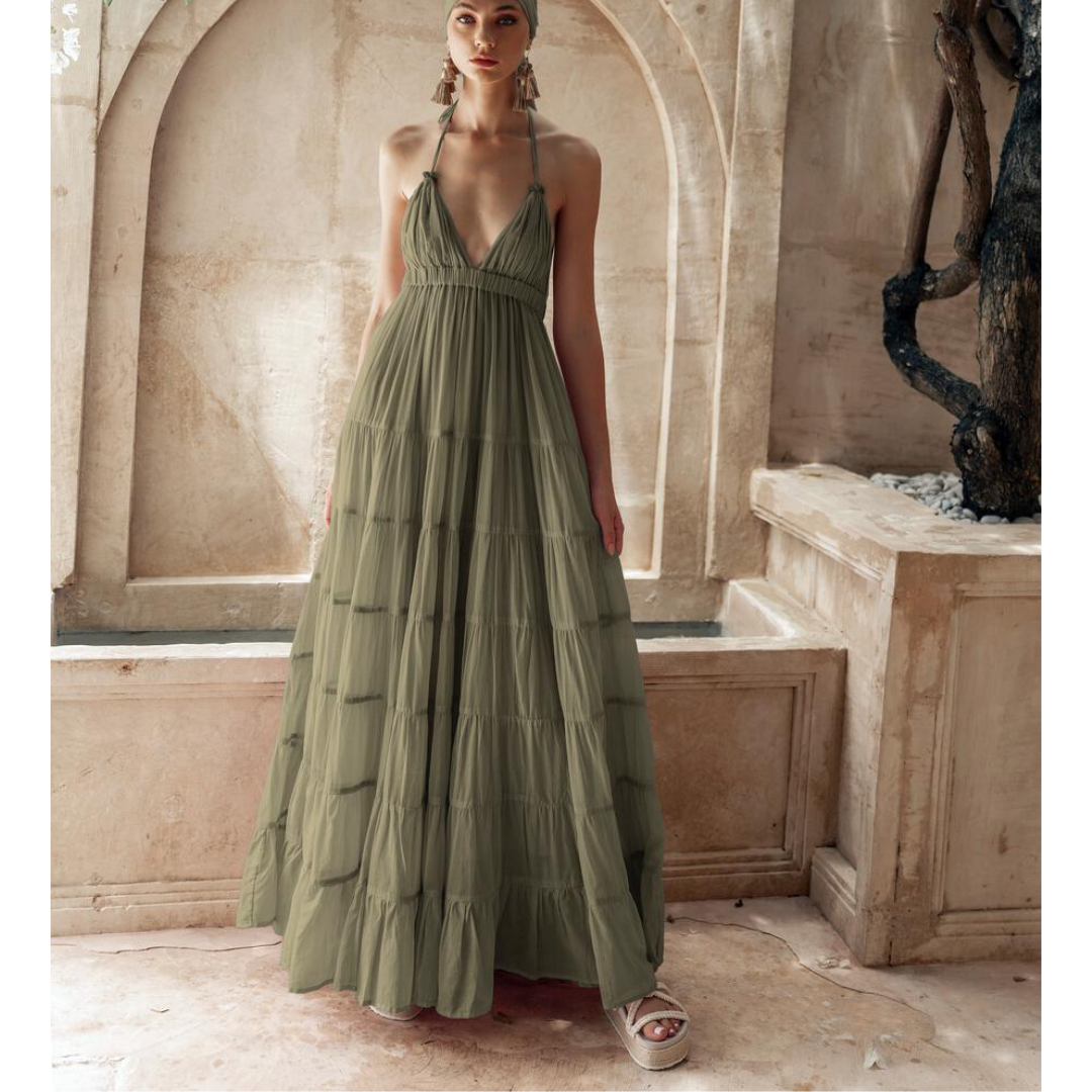 Halter Tiered Maxi Dress Cotton Voile with Tassels | Erika Pea Halter Tiered Maxi Dress Cotton Voile with Tassels | Erika Pea