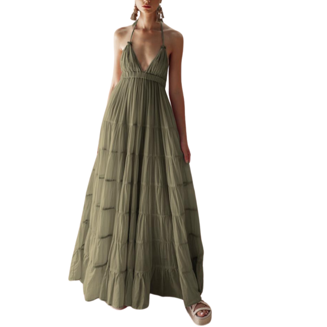 Model wearing olive green halter maxi dress with braided tassel straps and tiered skirt – Erika Peña