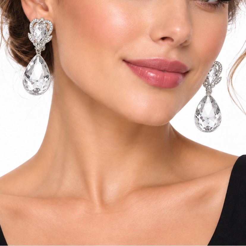 A close-up of a woman wearing a pair of large teardrop-shaped drop earrings with clear faceted stones in a silver-toned setting, against a plain white background.