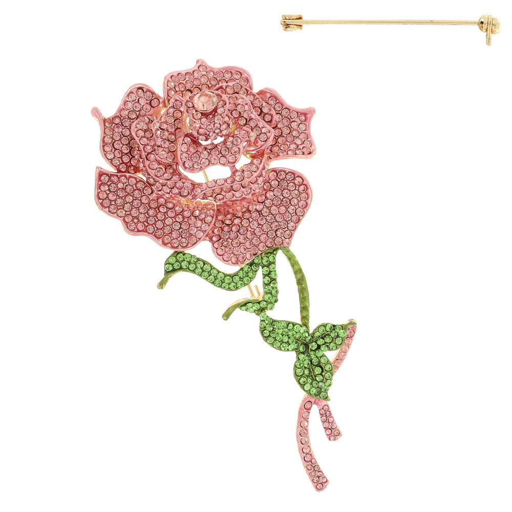 Broche de rosa con diamantes de imitación: verde y rosa