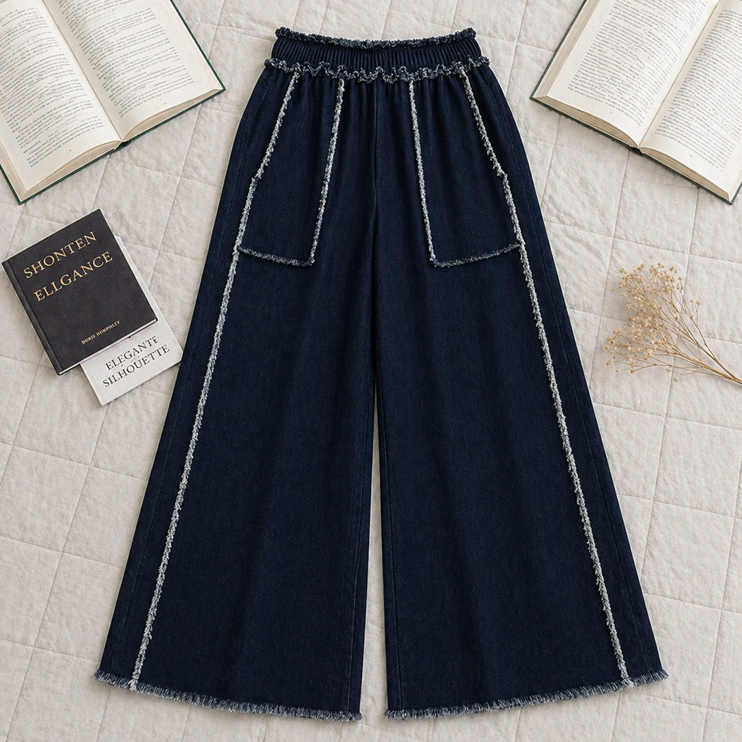 Raw Edge Wide Leg Denim Pants – Structured Pull-On Style