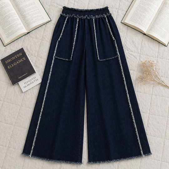 Raw Edge Wide Leg Denim Pants – Structured Pull-On Style