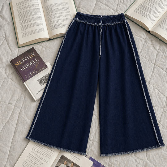 Raw Edge Wide Leg Denim Pants – Structured Pull-On Style