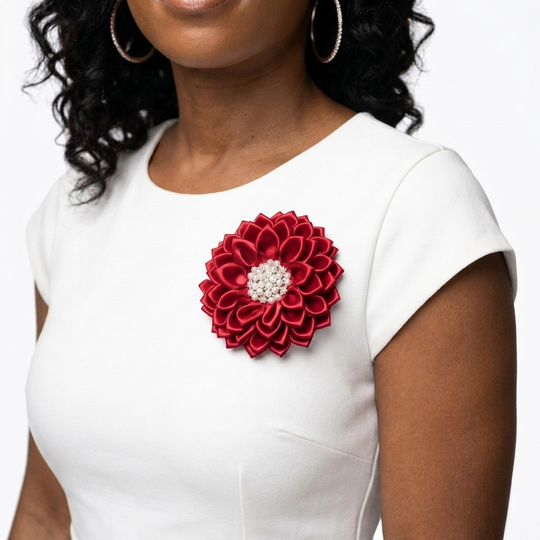 Red Satin Flower Corsage Brooch Pin