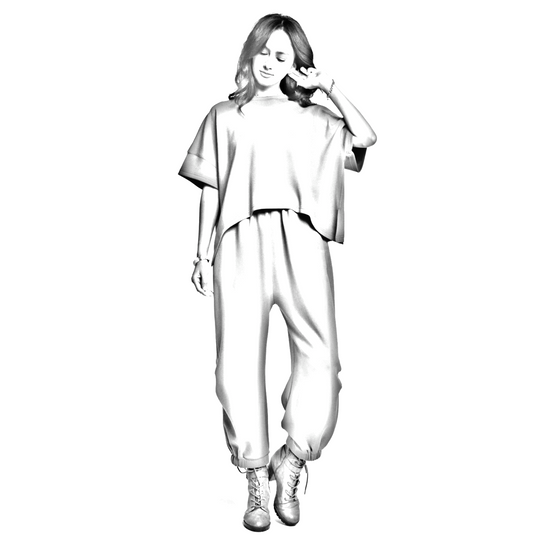 Black and white line drawing of a person wearing a loose-fitting top and pants.