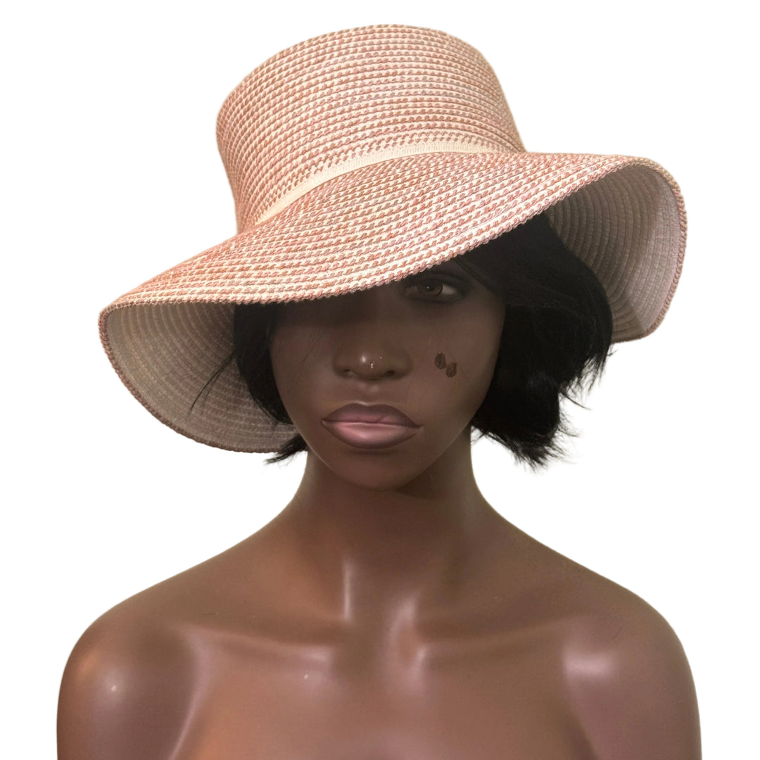 Mannequin head wearing a beige straw hat against a plain background