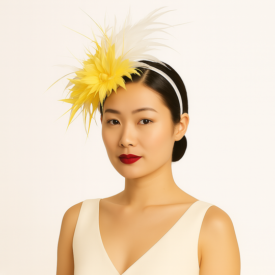 Model wearing yellow and white feather fascinator on slim white headband, styled with red lipstick and ivory dress