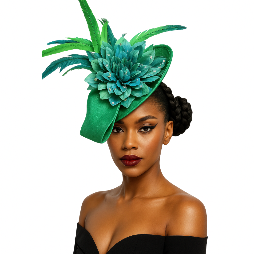 Woman wearing a green and teal fascinator with feathers on a white background