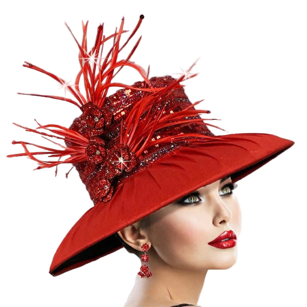 A red sequin feathered hat with a wide brim, adorned with jewel flowers and a fluffy pom-pom, set against a neutral background.