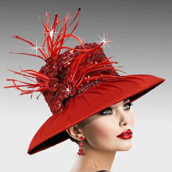 Red decorative hat with embellishments on a neutral background