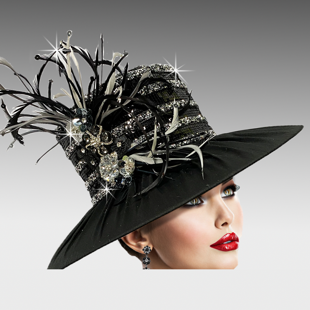 Mason - Feather & Jewel Hat - Black