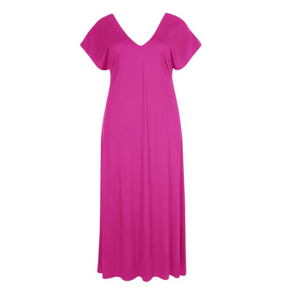 A fuchsia-colored double V-neck plus-sized maxi dress with a straight-cut design.