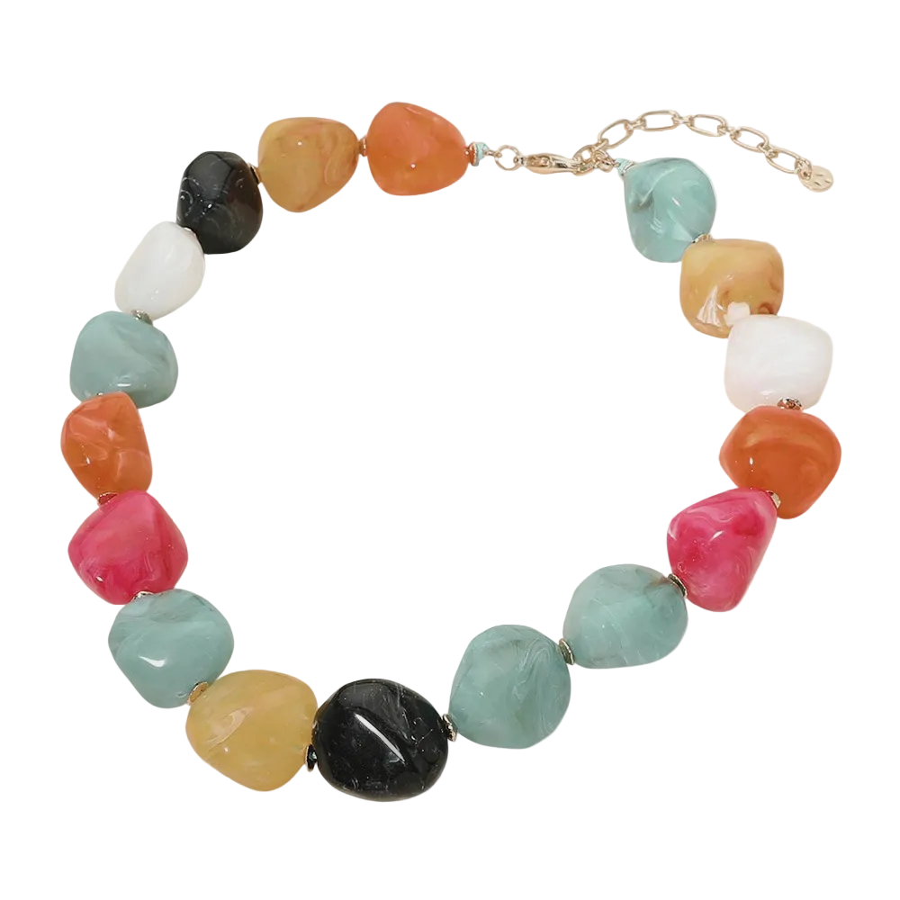 Chunky Marbled Resin Pebble Statement Necklace- Turquoise
