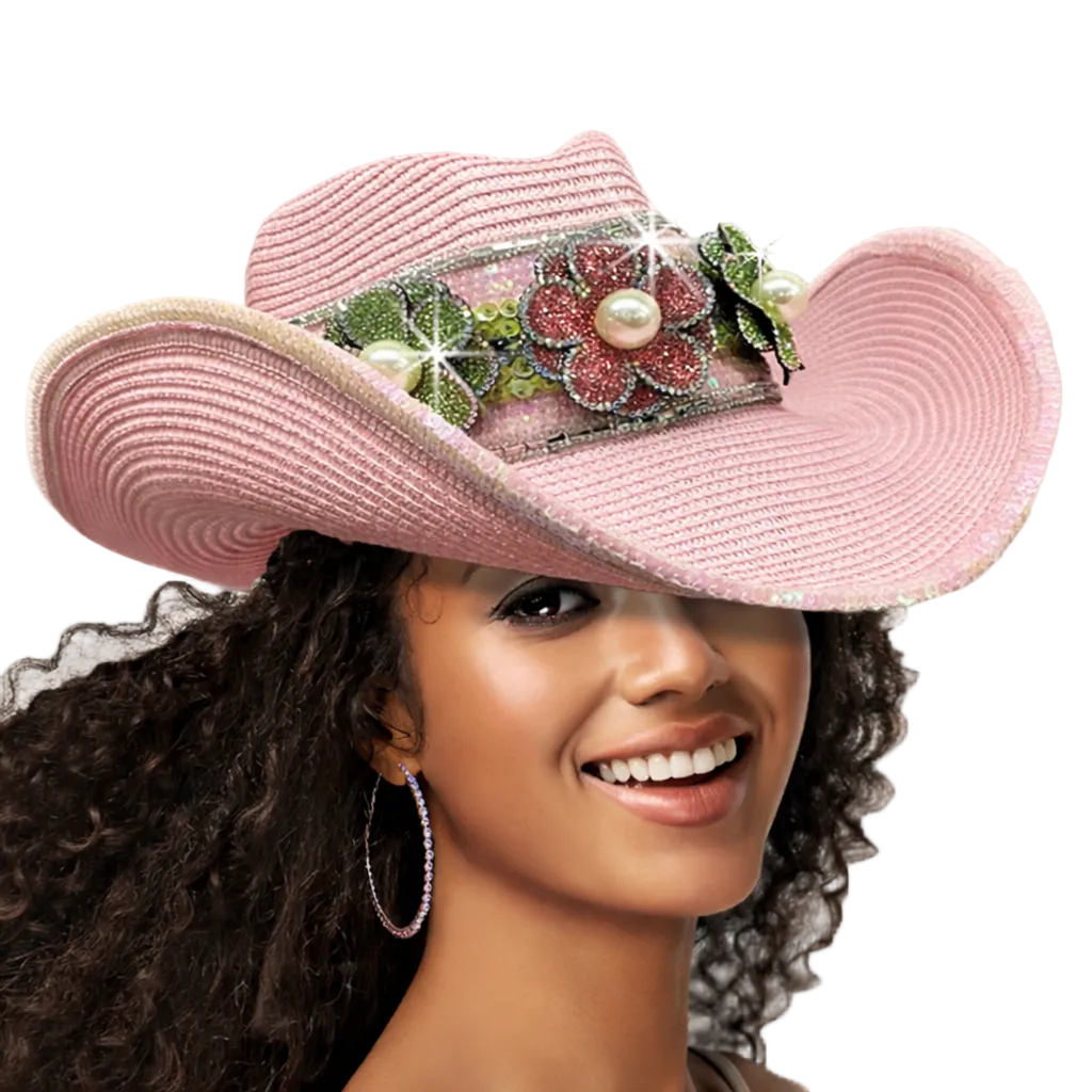 Woman wearing a pink cowboy hat with decorative elements on a gray background