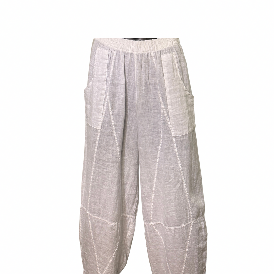 Light gray pants with a subtle pattern on a white background