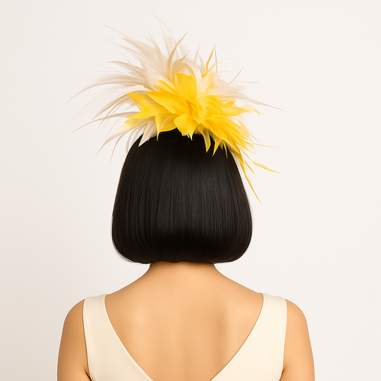 Model wearing yellow and white feather fascinator on slim white headband, styled with red lipstick and ivory dress