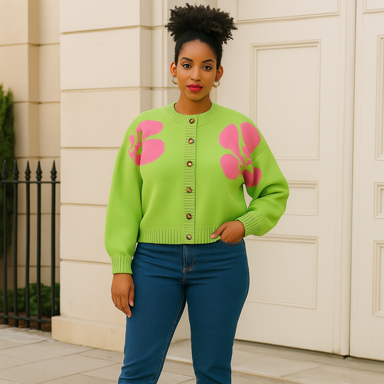 Plus Size Green & Pink Smile Daisy Cropped Cardigan Sweater