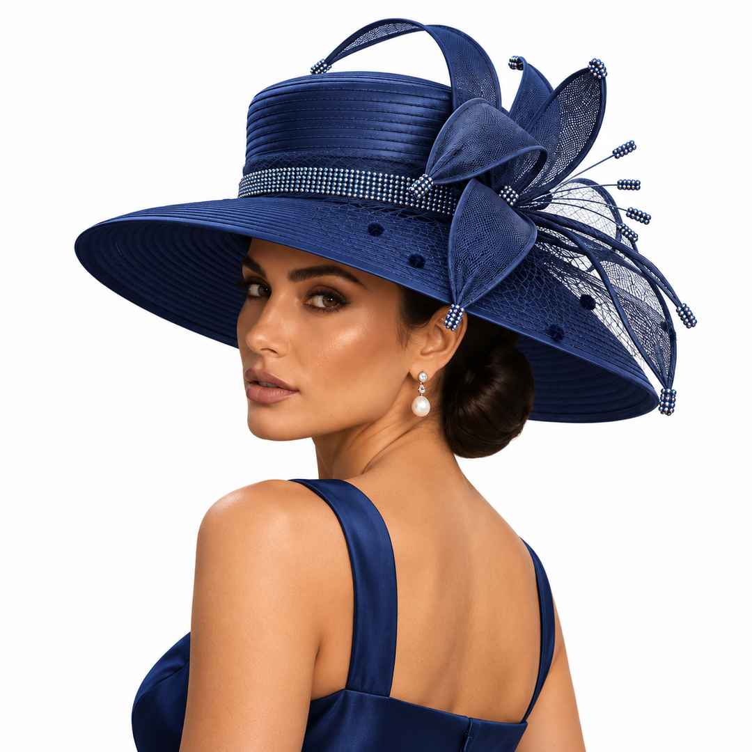 Sinamay Ribbon Flower Wide Brim Hat: Navy