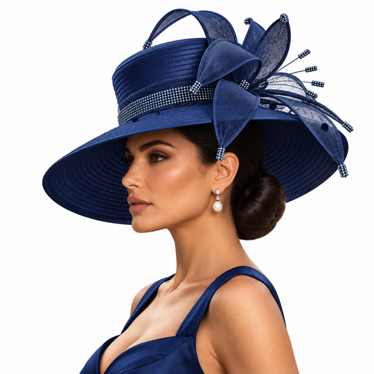 Sinamay Ribbon Flower Wide Brim Hat: Navy