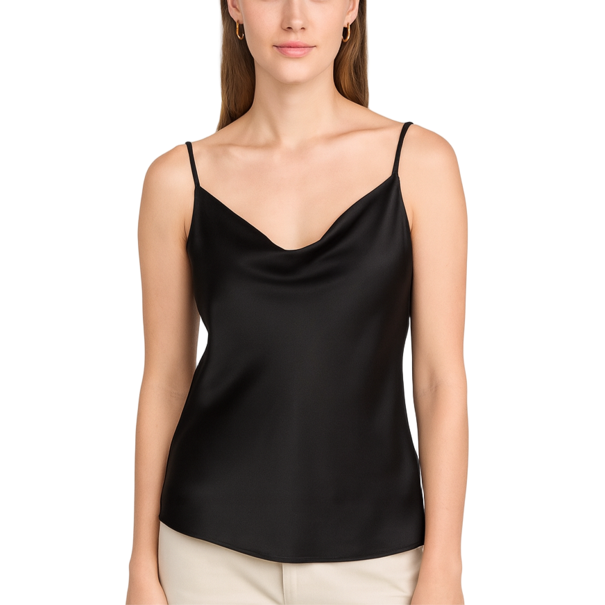 Woman wearing a black sleeveless top on a white background