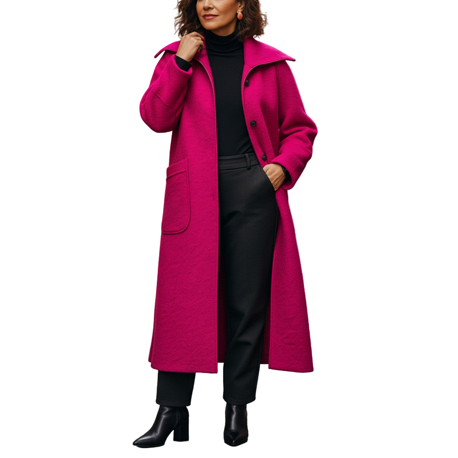 Woman wearing a bright pink coat on a city street