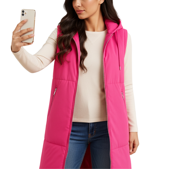 Woman wearing a pink vest taking a selfie against a plain background