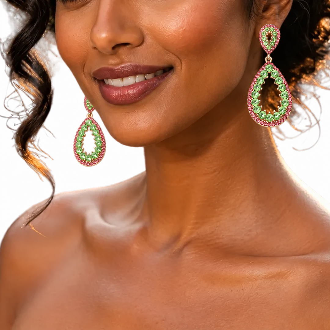 Crystal Teardrop Open Dangle Earrings – Pink Green