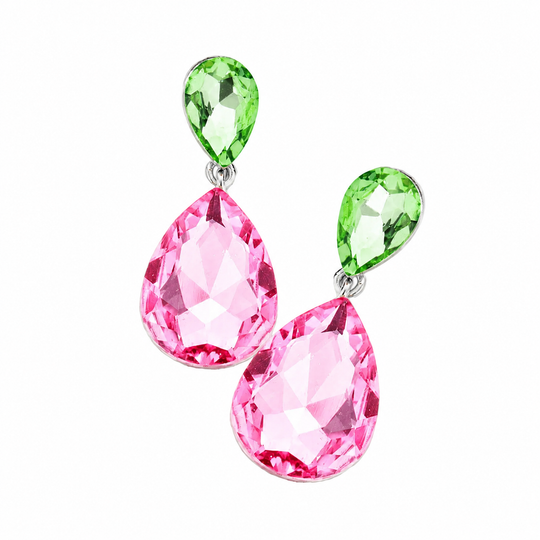 Pink &amp; Green Crystal Medium Tear Drop Earrings: Pierced