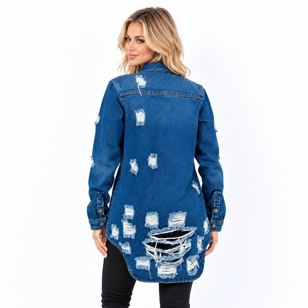 A woman wearing a distressed blue denim shirt jacket with ripped details, shown from the back against a plain white background.