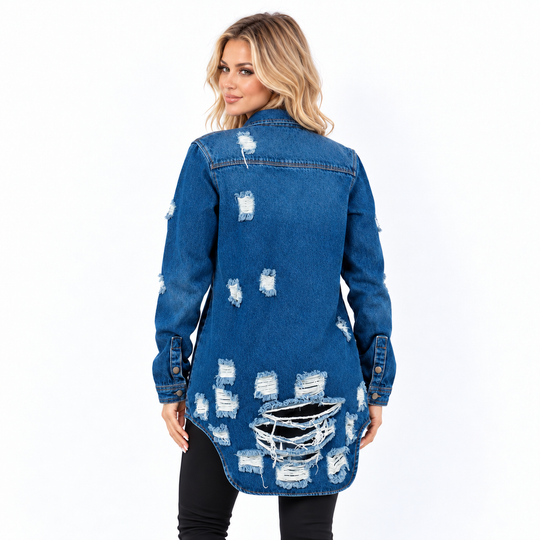 A woman wearing a distressed blue denim shirt jacket with ripped details, shown from the back against a plain white background.