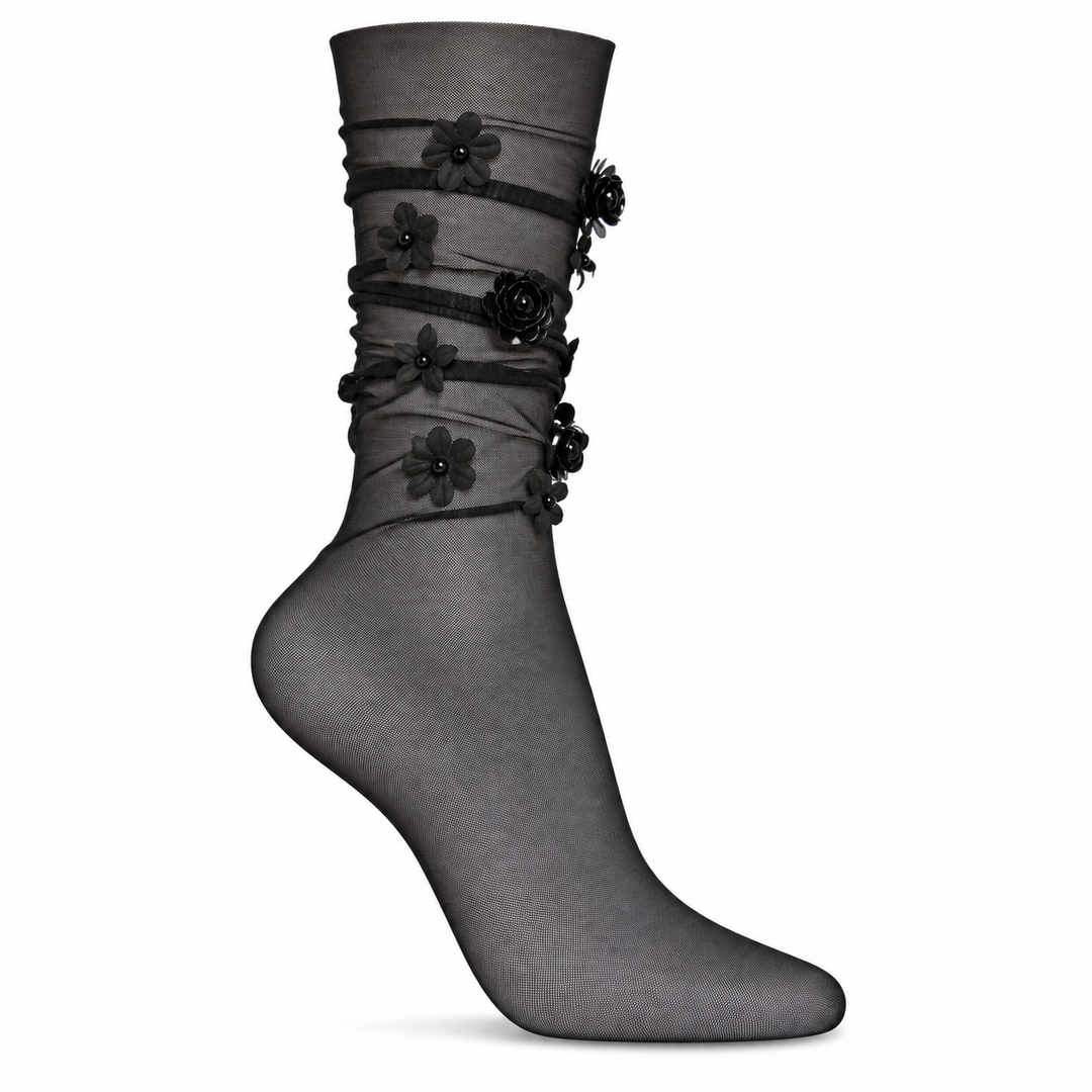 Posy Chiffon Slouch Crew Socks: Black