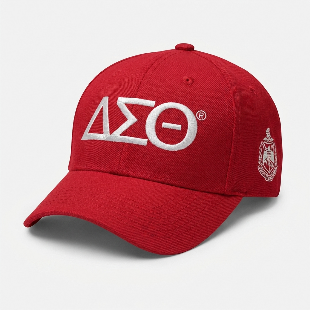 Delta Sigma Theta crimson embroidered baseball cap with white Greek letters and side crest embroidery.