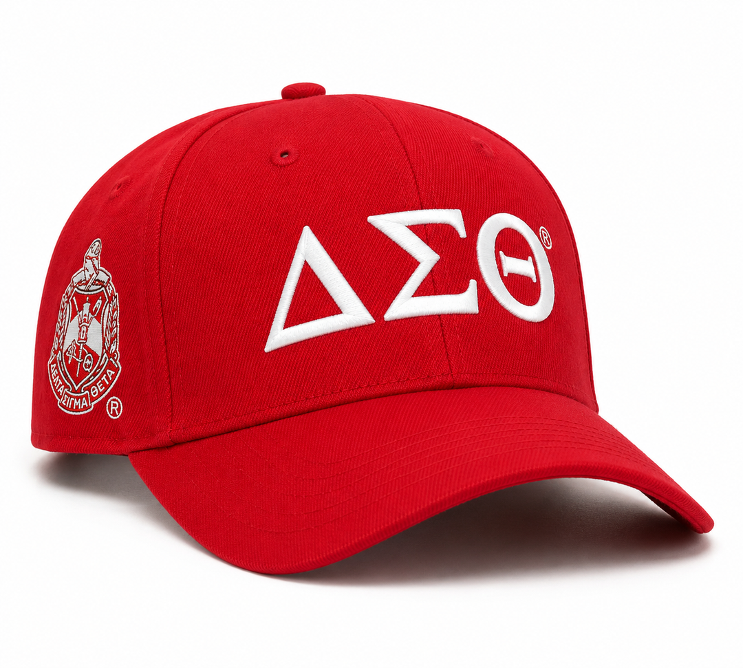 Delta Sigma Theta crimson embroidered baseball cap with white Greek letters and side crest embroidery.