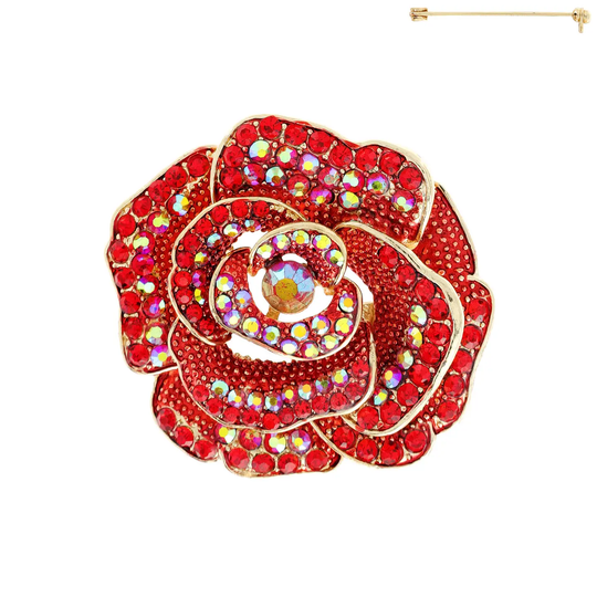 Rhinestone Flower Brooch – Crystal Floral Statement Pin - Red