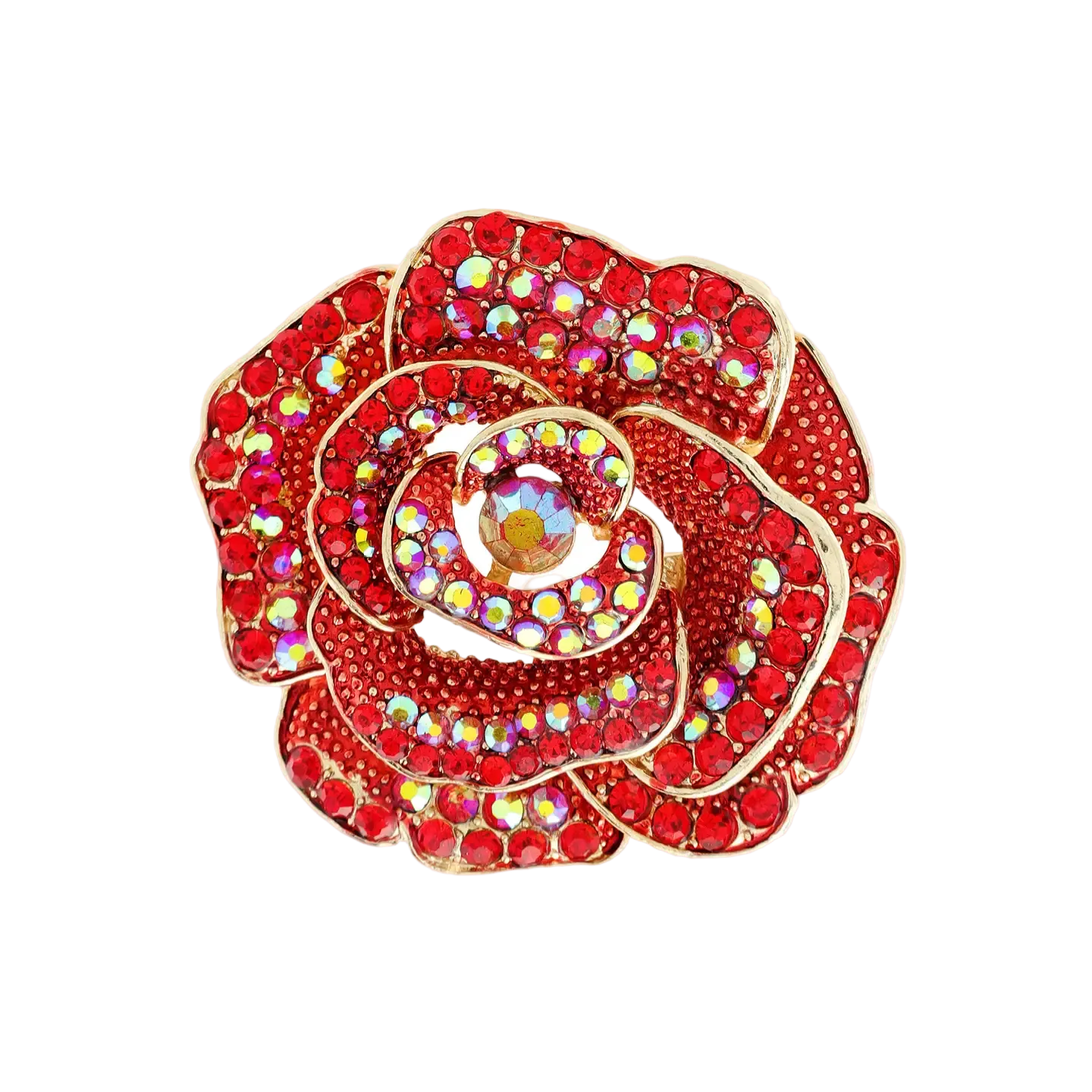 A red rose-shaped brooch pin with gold-tone metal outlines and iridescent rhinestones, shown on a plain white background with a small inset of the pin's clasp mechanism at the top right.