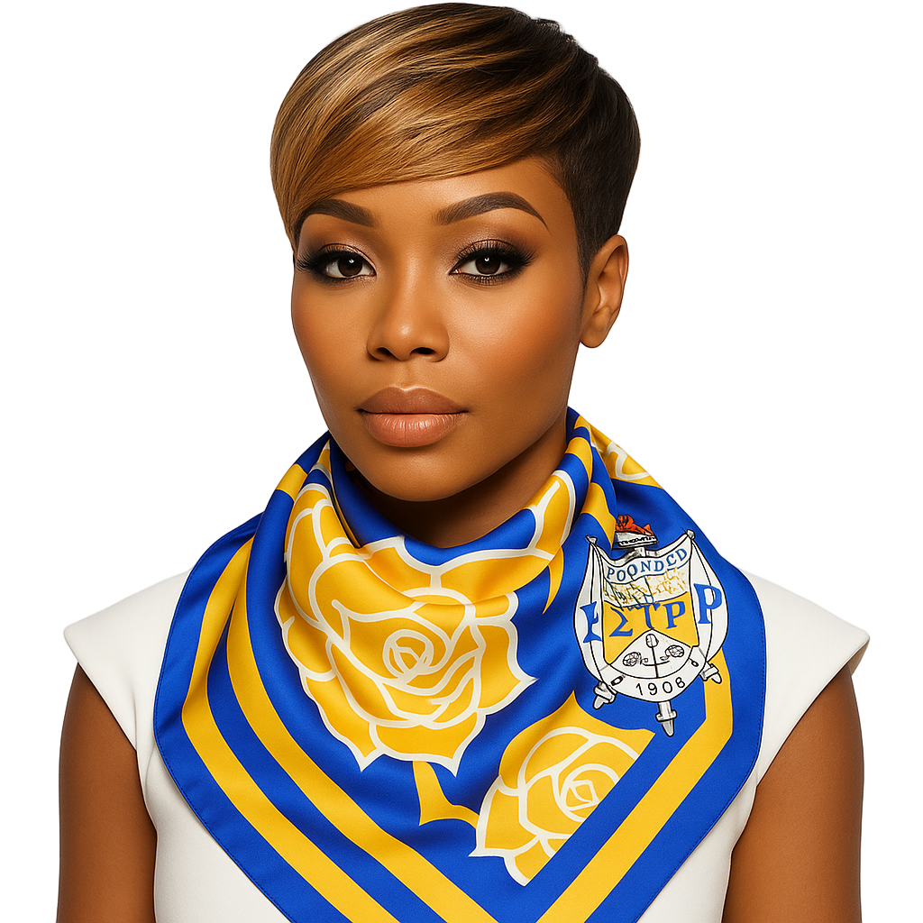 Woman wearing a blue and yellow scarf with a logo on a white background
