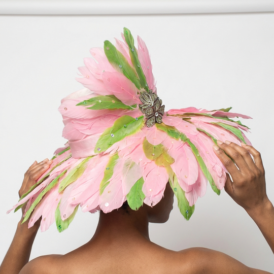 Pink Green Grandeur Feather Brim Hat with Crystal Brooch - Volcano