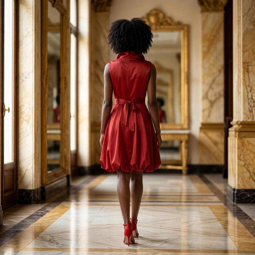 Woman in a red dress standing in an elegant room with marble floors and gold accents.
