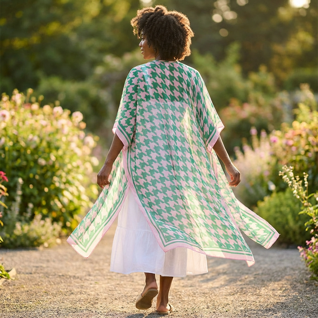 Woman walking outdoors in a garden wearing a green and pink and white patterned kimono-style garment.