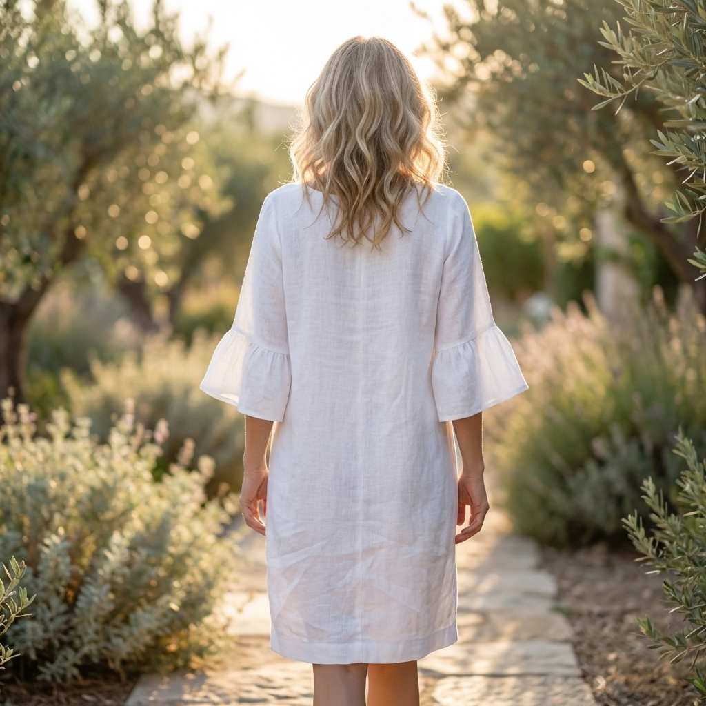 Woman in a white dress walking through an olive grove with lavender.