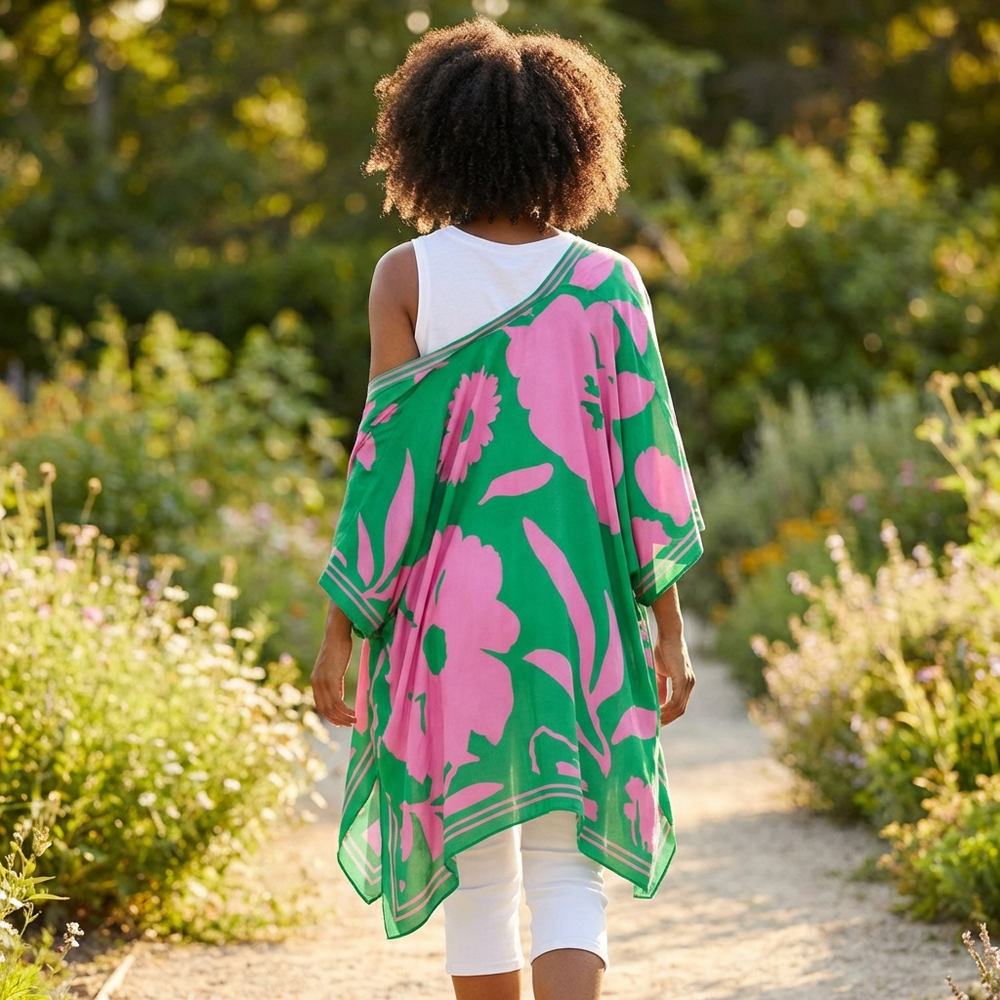 Green & Pink Floral Print Kimono – Lightweight Viscose