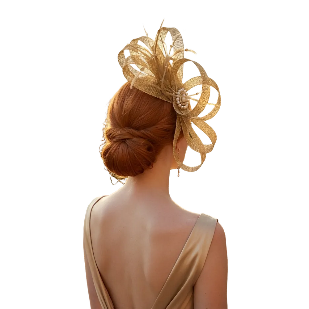 Woman with a decorative headpiece standing on a balcony with a scenic background