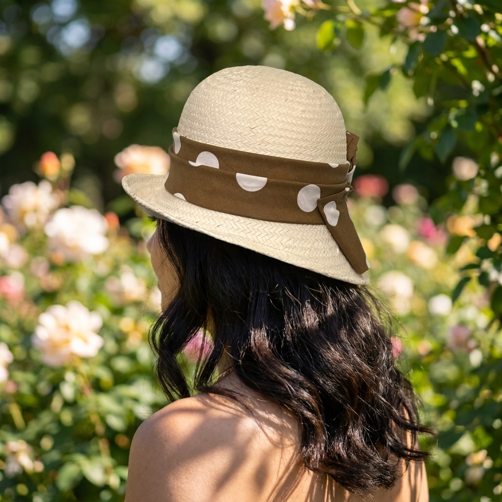 Vintage Polka Dot Floral Straw Cloche Hat -Tan Polka Dot