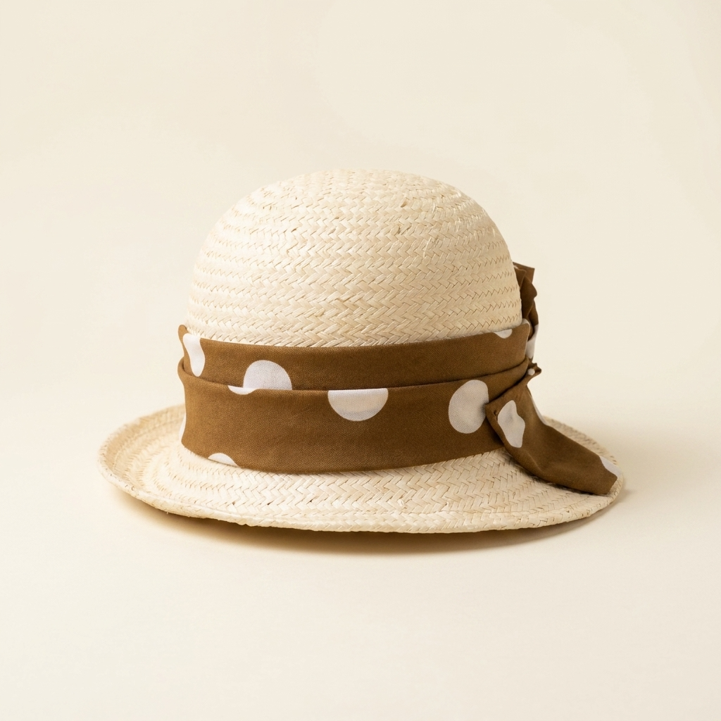 Vintage Polka Dot Floral Straw Cloche Hat -Tan Polka Dot