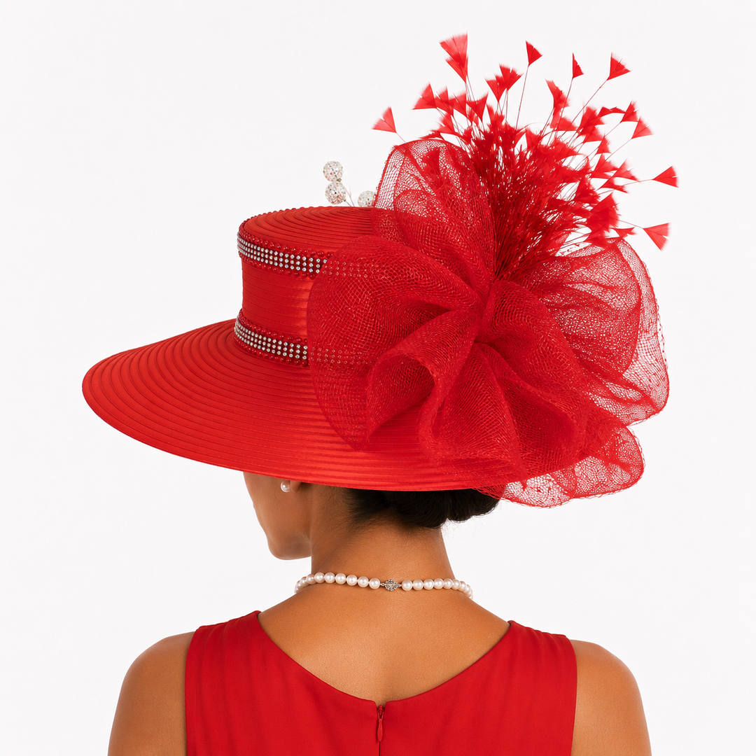 Satin Sailor Hat with Mesh Crinoline Bow - Red