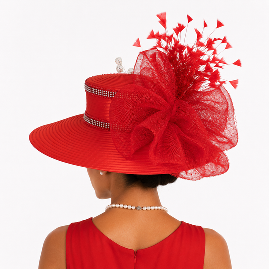 Satin Sailor Hat with Mesh Crinoline Bow - Red